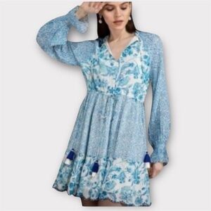 House of Harlow 1960 Boho Chic Mini Dress Blue White Split-Neck Babydoll